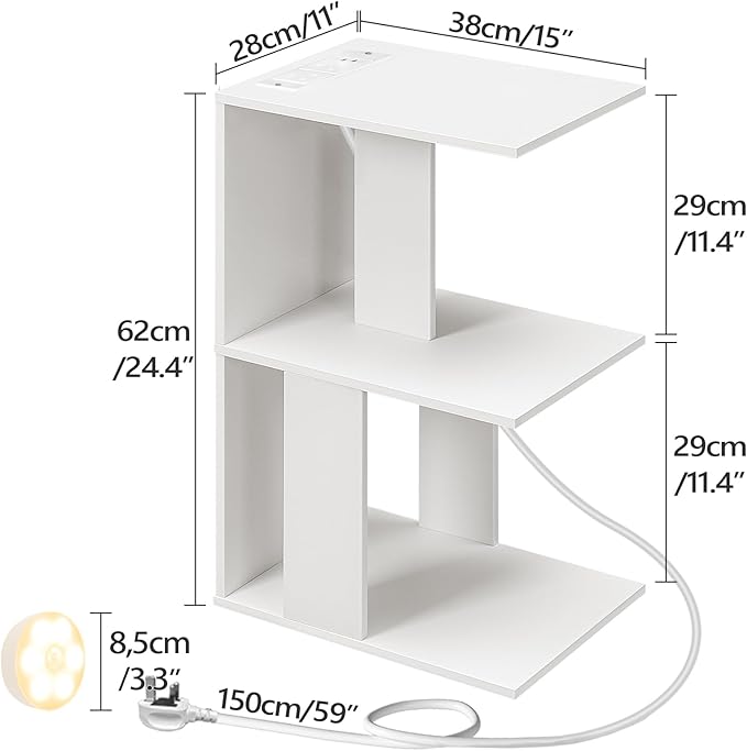 Modern End Table with Charging Station, Narrow Side Table for Small Spaces with 2 Open Storage Shelf, Narrow Nightstand with Light, Thin Bedside Table for Living Room, White ETWT18E01Z