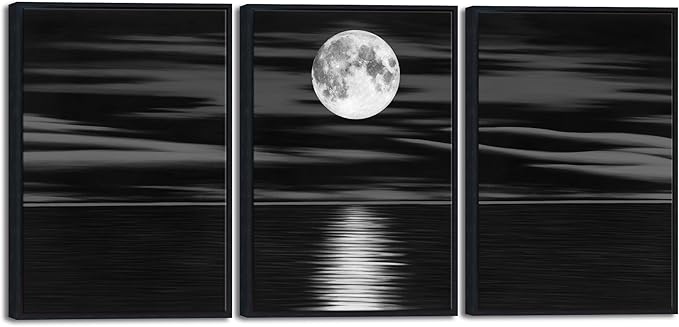 Wieco Art Framed 3 Panel Sea White Full Moon in Night Canvas Print Wall Art Black and White Ocean Beach for Living Room Bedroom Kitchen Home Decorations Modern Abstract Artwork