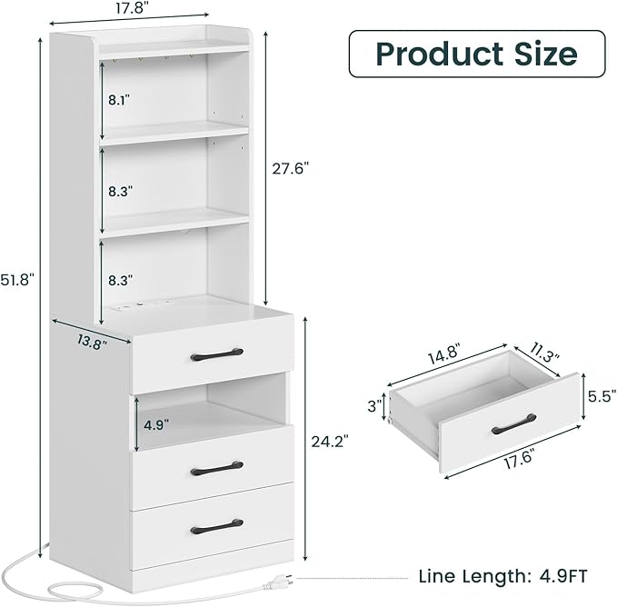 AOGLLATI Tall Nightstand with Charging Station and LED Lights, Night Stand with 3 Drawers, Bedside Table with Bookshelf and Storage Shelves, White Modern End Side Table for Bedroom