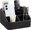Remote Control Holder with 4 Compartments, PU Leather Small Nightstand Organizer for Home Desk Accessories Office Supplies, Multifunctional Stylish Small Bedside Desktop Organizers (Black)
