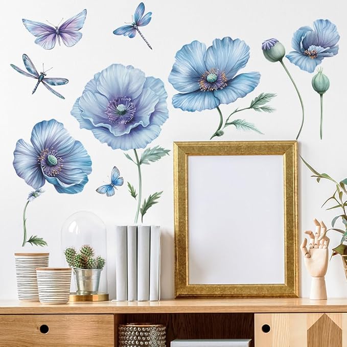 3D Wall Stickers DIY Flower Wall Decal Removable Waterproof Wall Art Decor for Bedroom Living Room Offices Home Decoration (Blue Corn Poppy)