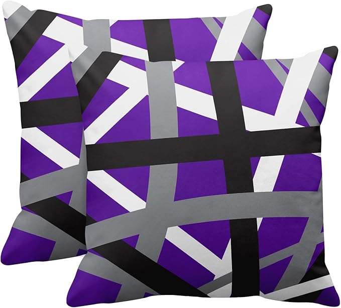 Emvency Set of 2 Throw Pillow Cover Purple Black Stripes Grey White Design Retro Decorative Pillow Case Striped Home Decor Square 18x18 Inch Cushion Pillowcase