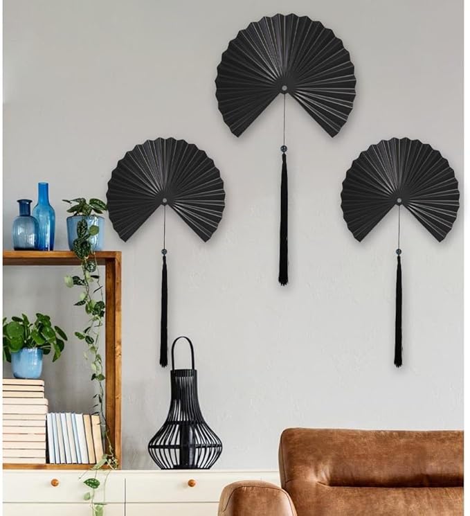ITrixgan Wall Fan Decor Minimalist Black Wall Art for Living Room, Decorative Metal Wall Decor Fan with Tassels for Bedroom Above Bed TV, Modern Black Metal Wall Art Fan Set of 2