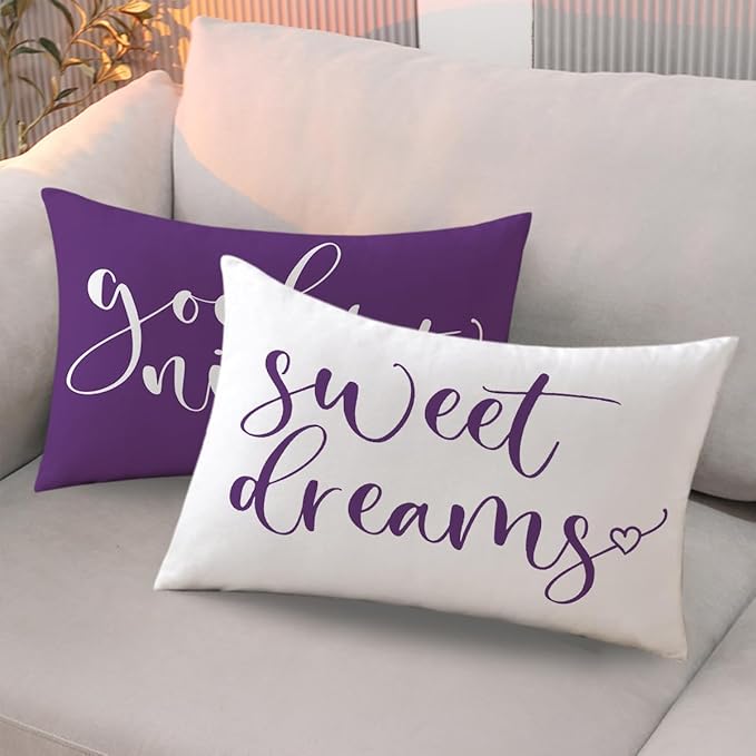 Bedding Decorative Lumbar Pillowcases Sweet Dreams Good Night Cushion Covers Sleep Themed Decorative Throw Pillow Covers 12''x20'',2Pack Super Soft for Bedroom Guest Room Housewarming Gifts (Purple)