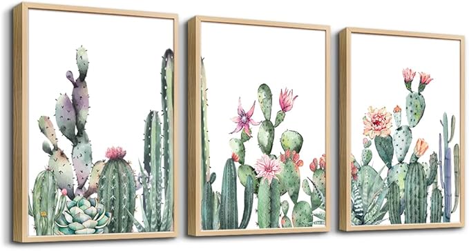 TTHYUEWS Wall Art For Living Room Wood Framed Wall Decor For Bedroom Canvas Framed Prints Art Green Succulent Cactus Wall Paintings Leaves Pictures Artwork Office Wall Art Kitchen Home Decoration