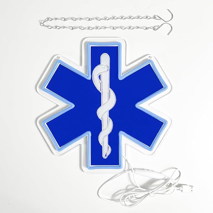 Star of Life LED Neon Sign, 12 x 12 Inches, Pink, USB Powered Wall Decor for EMT Paramedic, Garage, Game Room, Bedroom, Man Cave