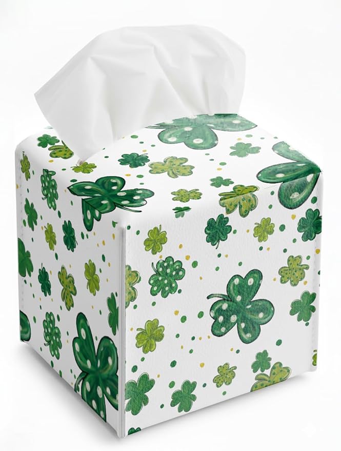 St.Patrick's Day Napkin Tissue Box Cover, Watercolor Shamrock Waterproof Leather Paper Organizer Dispenser for Table Dining, Bathroom, Nightstand Vanity, Car, Housewarming Gift Ideas, E
