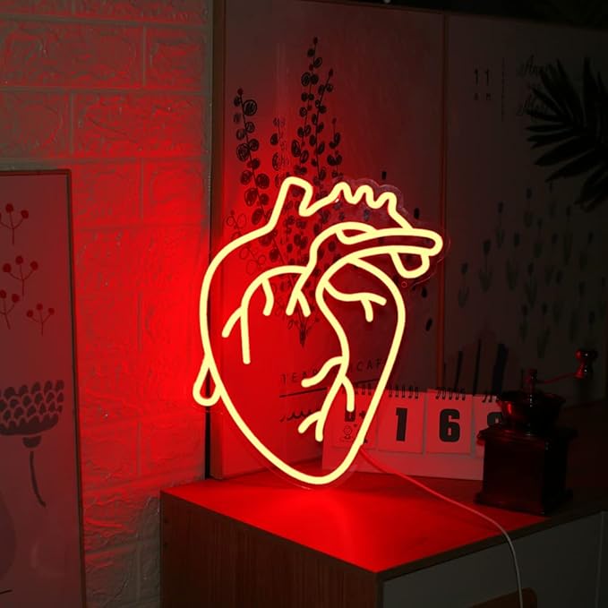 Human Heart Neon Sign USB Powered, Anatomical Heart LED Neon Light for Wall Decor, Dimmable Neon Sign for Bedroom, Party, Bar, Living Room