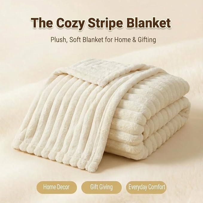 Faux Fur Blanket Twin/Twin XL - 60x80 Inch Soft & Warm Fluffy Throw for Bed, Sofa, Camping | 350GSM Cloud-Touch Microfiber | Cozy Essentials for Travel & Movie Nights, Striped White