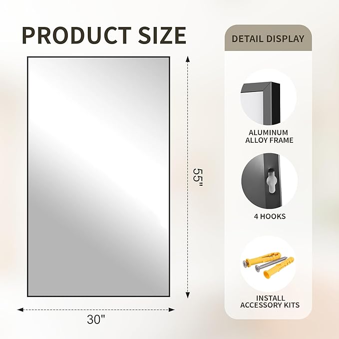 FICTOR Bathroom Vanity Mirror-Black,55x30 Inch, Shatterproof & Anti-Rust, Wall Mount Large Rectangle Mirrors with Metal Frame for Over Sink, Bathroom, Bedroom, Living Room,Entryway