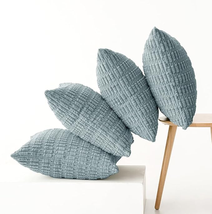 MIULEE Pack of 4 Smoke Blue Corduroy Decorative Throw Pillow Covers 18x18 Inch Soft Boho Striped Pillow Covers Modern Farmhouse Home Decor for Sofa Living Room Couch Bed