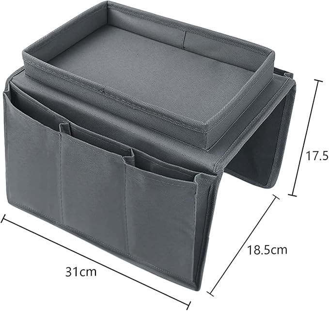 Sofa Armrest Organizer with Top Tray for Couch Recliner, 5 Pockets TV Remote Control Holder Foldable Armchair Bedside Caddy Organizer Storage Bag for Magazines Cellphone Drinks Snacks Tea Cup (Grey)