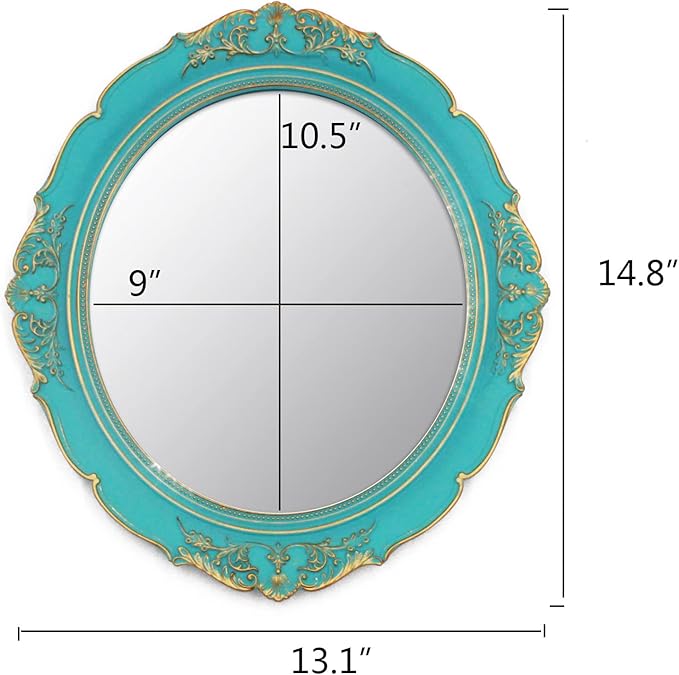 Eaoundm 13.1 x 14.8 inchs Decorative Wall Mirror,Vintage Hanging Mirrors for Bedroom Living-Room Dresser Decor Oval Blue Plastic Frame