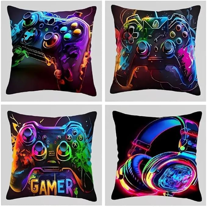 4Pcs Set Gaming Pillow Covers - Washable, Living Room, Playroom 18x18 Pillows Linen Pillowcase Modern Decorative Square Pillowcases for Sofa Couch Bedroom Living Room Car