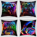 4Pcs Set Gaming Pillow Covers - Washable, Living Room, Playroom 18x18 Pillows Linen Pillowcase Modern Decorative Square Pillowcases for Sofa Couch Bedroom Living Room Car