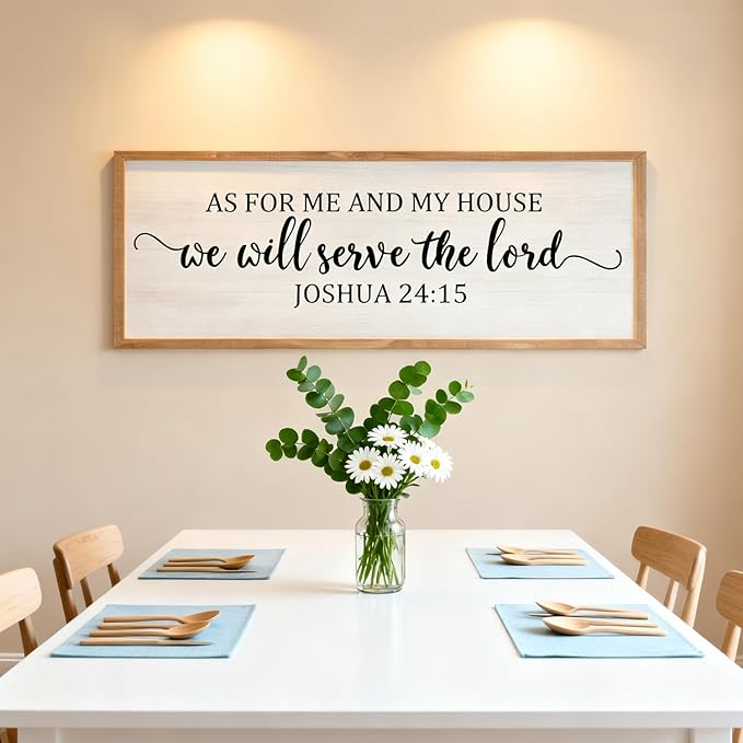 As For Me And My House We Will Serve The Lord Framed Wall Art, 40''×15'' Horizontal Positive Religious Rustic Bible Verse for Christian God Jesus Christ Prayer, Vintage Holy Catholic Scripture Decor