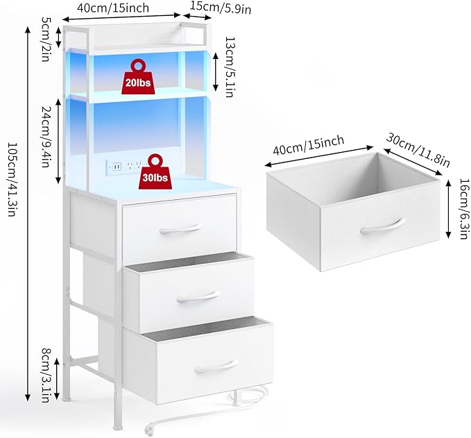Fixwal Tall Nightstand with Charging Station, 41 Inch Led Night Stand with U-S-B Port & Socket, 3 PU Finished Fabric Storage Drawers, Office, Bed Side Table & Bookshelf in One, White