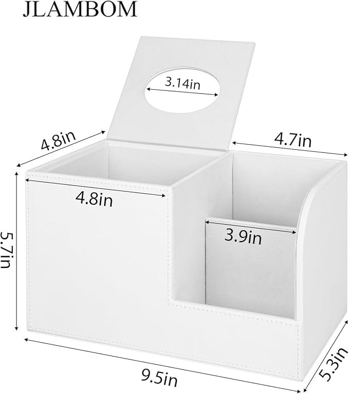 PU Leather Tissue Box Cover with Remote Control Holder, Square Tissue Box Holder for Living Room Bathroom Office (Cream-White)