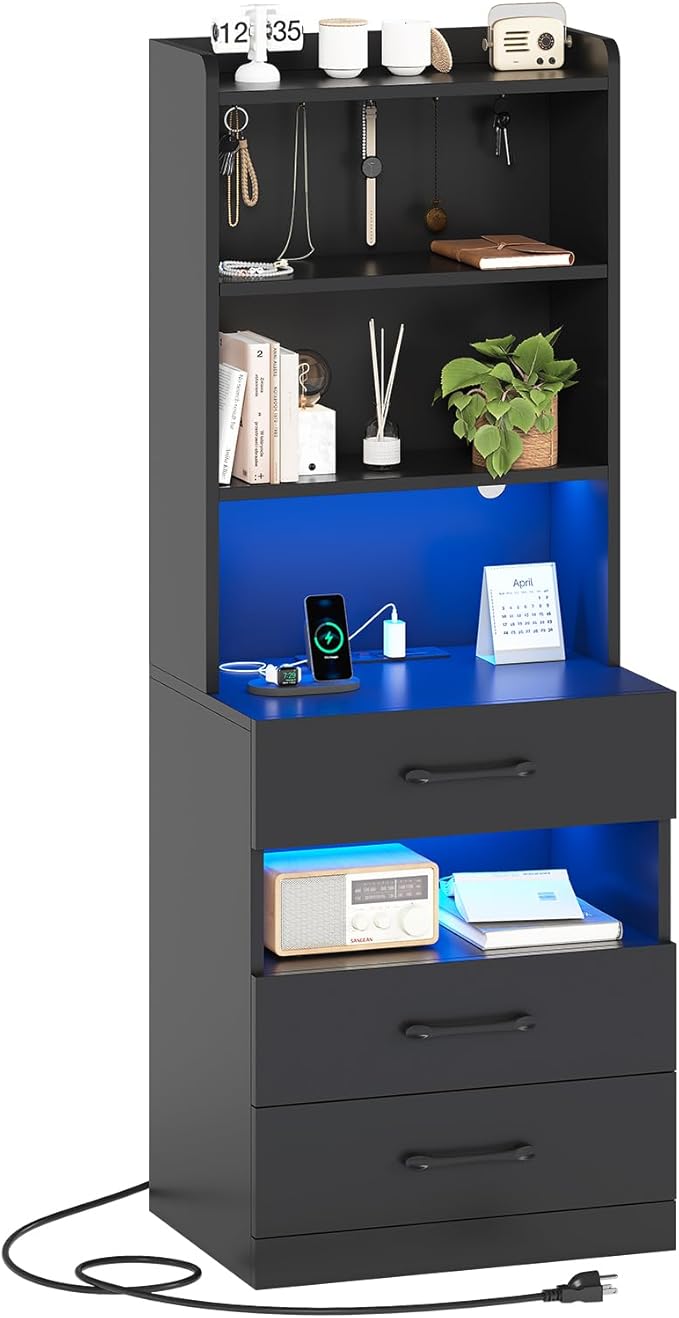 AOGLLATI Tall Nightstand with Charging Station and LED Lights, Night Stand with 3 Drawers and Storage Shelves, Bedside Table with Bookshelf, Modern End Side Table for Bedroom, Black
