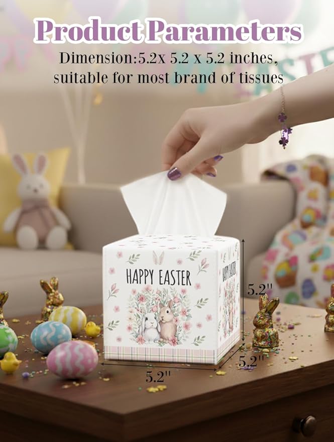 Easter Day Napkin Tissue Box Cover, Pink Bunny Rabbit Ears Floral Leaves Waterproof Leather Paper Organizer Dispenser for Table Dining, Bathroom, Nightstand Vanity, Car, Housewarming Gift Ideas, L