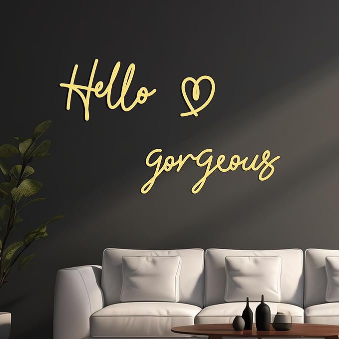 Bnesi Hello Gorgeous Heart Sign Wall Decor Gold Office Decor Modern Hello Gorgeous Elegant Metal Wall Art Decor for Bathroom, Bedroom, Lash room (Gold, Medium)