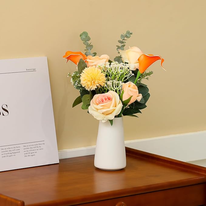 Fake Flowers with a Ceramic Vase, Fake Flower Bouquet in vase, Floral Decor Flower Arrangements for Home Office Farmhouse Bathroom Dining Table Centerpiece Decorations Coffee Table(Champagne)