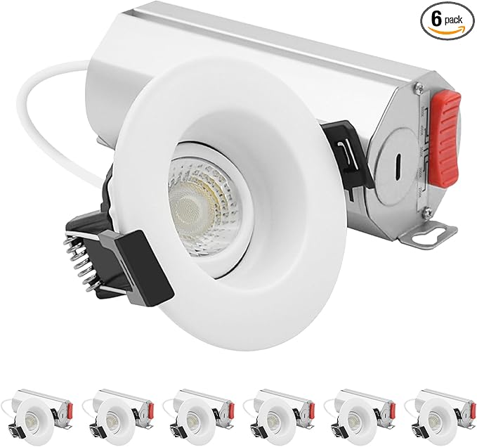 LUXRITE 2-Inch Regressed Gimbal LED Recessed Light, 5 Color Selectable 2700K-5000K, 6 Watts, 400 Lumens, Ceiling Spotlight 360º + 30º Rotation, Dimmable, CRI90, IC & Wet Rated, ETL Listed (6 Pack)