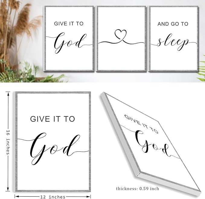 Framed Farmhouse Decor, Farmhouse Wall Art 36x16', Give it to God and Go to Sleep Signs (12x16 inches, Set of 3, Framed, Grey)