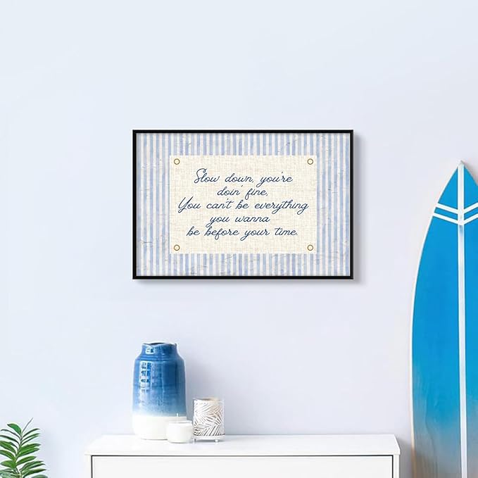 Slow Down You're Doing Fine Canvas Wall Art, Navy Blue Stripes Positive Quote Poster, Daily Affirmations Wall Decor for Bedroom Dorm, Modern Office Inspiring Typography Print 16x24in Framed