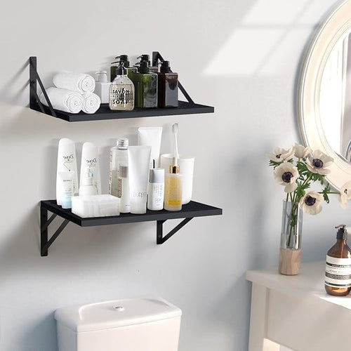 2 Pc Deep Floating Shelves ; 12 Inch Deep Wall Mounted Hanging Shelves for Living Room, Kitchen, Office, Bathroom and Bedroom Decor; Storage and Display Shelf Set (Black)