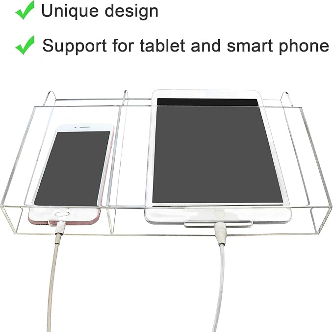 Yoillione Wall Mount Tablet and Phone Charging Stand for Tablet, Smartphone, E-Book, 2 Slots Remote Control Holder for TV, Clear Acrylic Remote Storage Media Organizer Box - Product 2.0 Size Upgrade