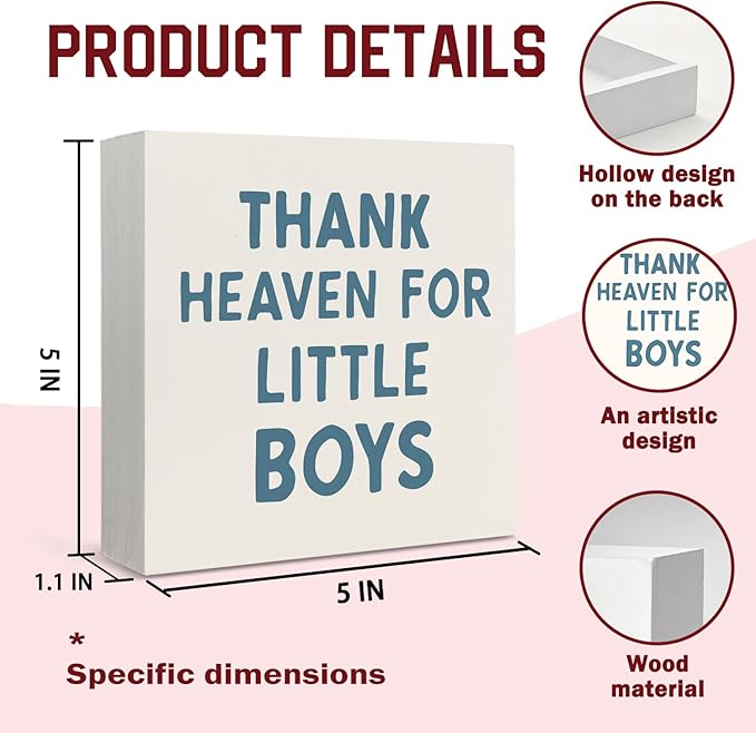Lacama Boy Nursery Wooden Box Sign, Thank Heaven for Little Boys Decorations Wood Block Signs, Retro Blue Wood Sign for Toddler Little Boys Nursery Room Desk Shelf Wall Decor 5x5 Inches