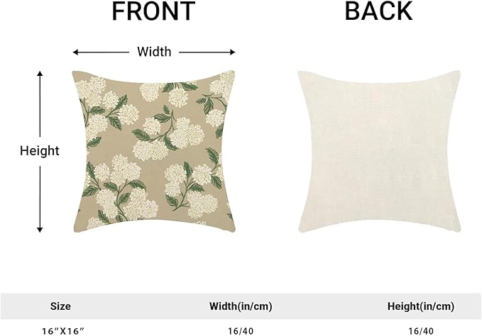AEIOAE Spring Pillow Covers 16x16 Inch Set of 2, Beige Green Hydrangea Flower Throw Pillows Case,Floral Summer Outdoor Seasonal Decorative Farmhouse Decor Cushion Covers for Home Sofa Bed Couch