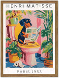 Funny Dog Bathroom Wall Art Henri Matisse Dachshund Bathroom Wall Decor Picture Whimsical Puppy Reading Newspaper in Toilet Poster Painting Canvas Print 16x24 inch Wood Framed