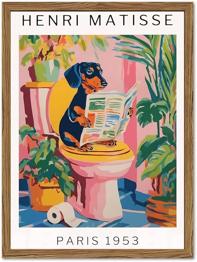 Funny Dog Bathroom Wall Art Henri Matisse Dachshund Bathroom Wall Decor Picture Whimsical Puppy Reading Newspaper in Toilet Poster Painting Canvas Print 12x16 inch Wood Framed