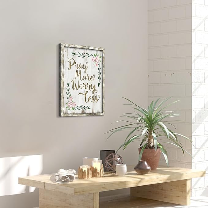 Inspirational Christian Wood Wall Decor: Pray More Worry Less Framed Print Art Rustic Bible Verse Picture Religious Scripture Quotes Artwork for Bedroom Living Room Home Farmhouse