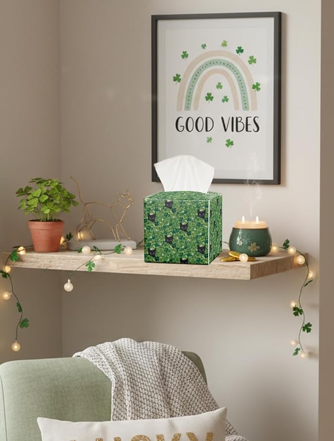 St.Patrick's Day Napkin Tissue Box Cover, Clover Black Cat Waterproof Leather Paper Organizer Dispenser for Table Dining, Bathroom, Nightstand Vanity, Car, Housewarming Gift Ideas, I