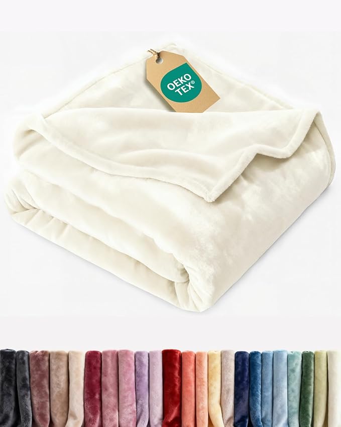 Ultra Soft Fleece Blanket Throw Size - Flannel Fleece Luxury Throw Blanket - Lightweight for Couch Bed Chair - Thick, Warm and Breathable - All Season Cozy Fuzzy, Anti-Static Microplush Bedding, Ivory