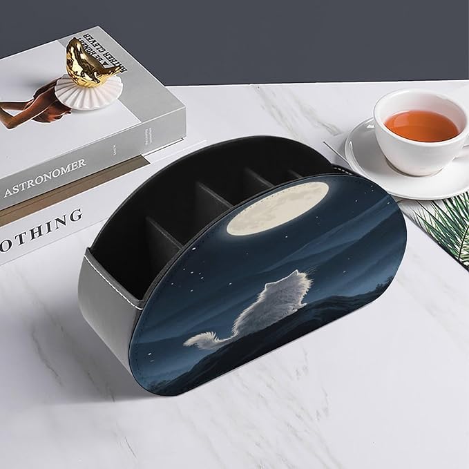 Lonely Cat Moon Remote Control Holder Organizer Box with 5 Compartment PU Leather Bedside Storage Caddy Remote Organizer for Controller Media Player Pen/Pencil Storage