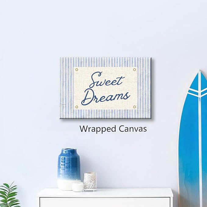 Sweet Dreams Canvas Wall Art, Navy Blue Stripes Positive Quote Poster, Sweety Daily Reminder Above Bed Wall Decor, Modern Inspiring Uplifting Typography Print for Bedroom 12x16in Wrapped Canvas
