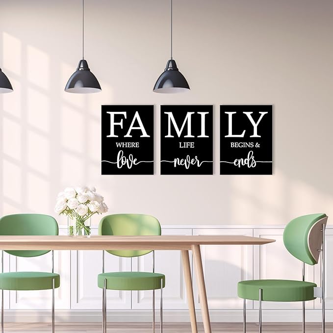 Family Where Life Begins And Love Never Ends Wall Art:3 Piece Love Quotes Wall Decor Above Bed,Modern Minimalist Family Signs Country Farmhouse Decor for Living Room Bedroom 12"x16"