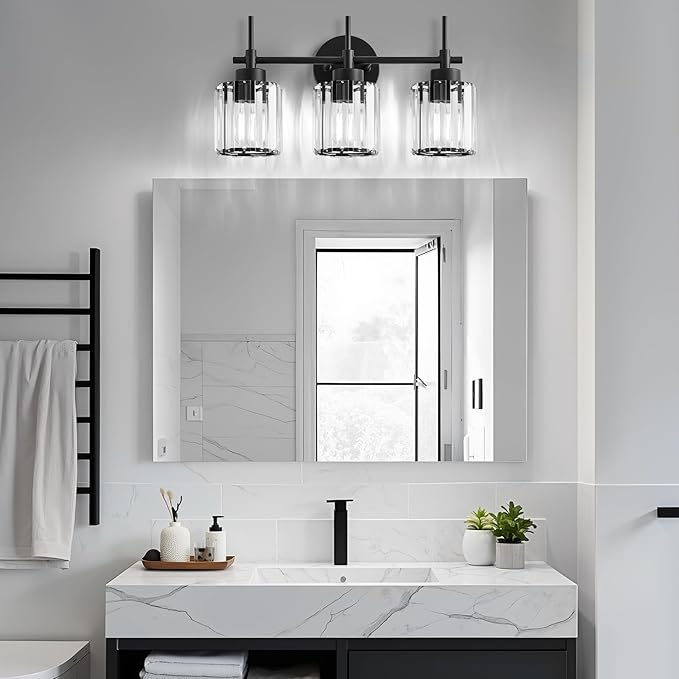 3 Light Black Crystal Vanity Light, Modern Bathroom Vanity Light Over Mirror, Up and Down Mount Wall Sconce Lighting for Bathroom Bedroom Living Room Hallway