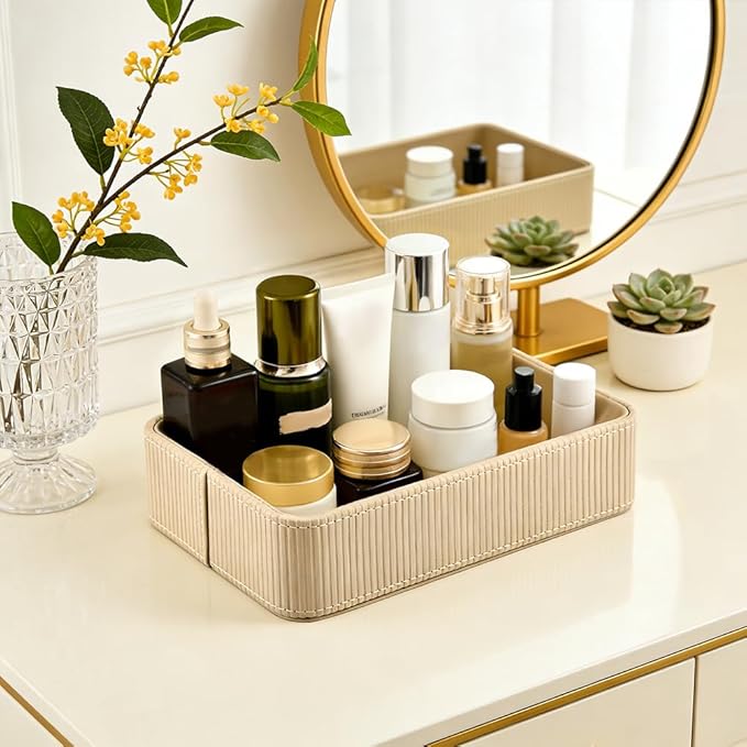 Desk Organizer Tray,PU Leather Valet Tray Modern Nightstand Organizer,Decorative Vanity Trays for Key Watch Wallet Perfume,Keeps Things Organized,Bedside Desktop Storage