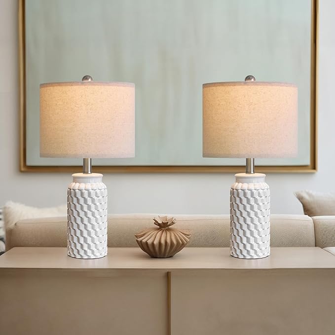 20.5" Small Bedside Lamps Set of 2 with 5FT Cord, White Ceramic Modern Farmhouse Table Lamps for Nightstand, Living Room, Bedroom, 3D Honeycomb Stylish End Table Lamps(Bulb Not Included)