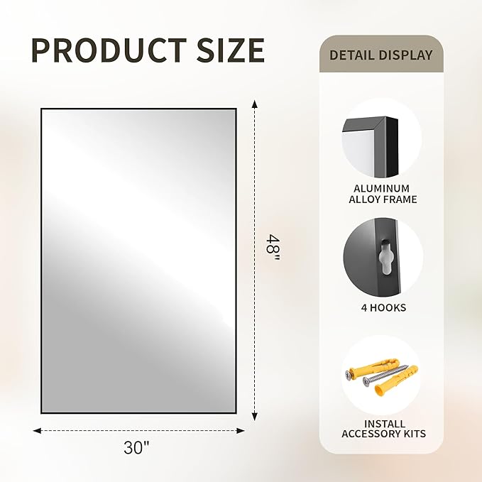 Large Black Bathroom Mirror, 48" x 30", Shatterproof & Anti-Rust Vanity Mirror Wall Mount, Rectangle Mirrors with Metal Frame for Over Sink, Bathroom, Bedroom, Living Room,Entryway