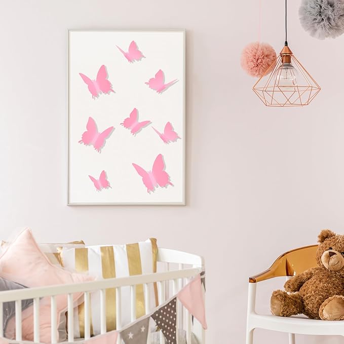 BBTO 48 Pieces Butterfly Wall Decor DIY 3D Mirror Butterfly Stickers Removable Decals Crafts for Birthday Party Bedroom School Bathroom Living Room Decor(Pink)