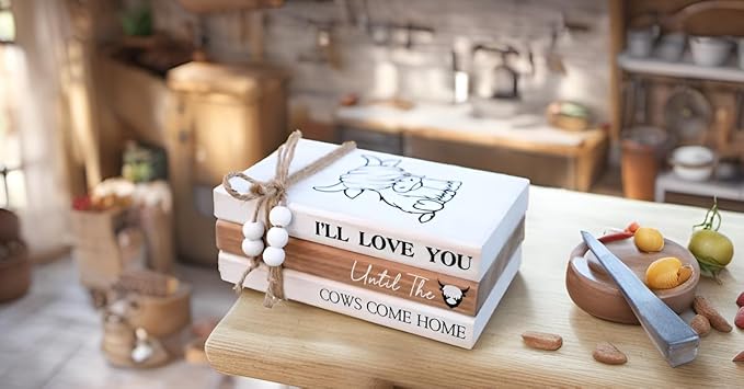 LIVDUCOT Highland Cow Wood Book Stacks Decor - Rustic Farmhouse Decorative Books Sign for Home Coffee Table Mantle Fireplace Shelf Decorations - I'll Love You Until the Cows Come Home 7.5x5x3'