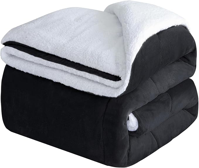 CHOSHOME Sherpa Fleece Blanket- Thick Warm Blanket for Winter, Soft Fuzzy Plush Blanket for Bed, Couch, Travel (Black, King 90" x 108")