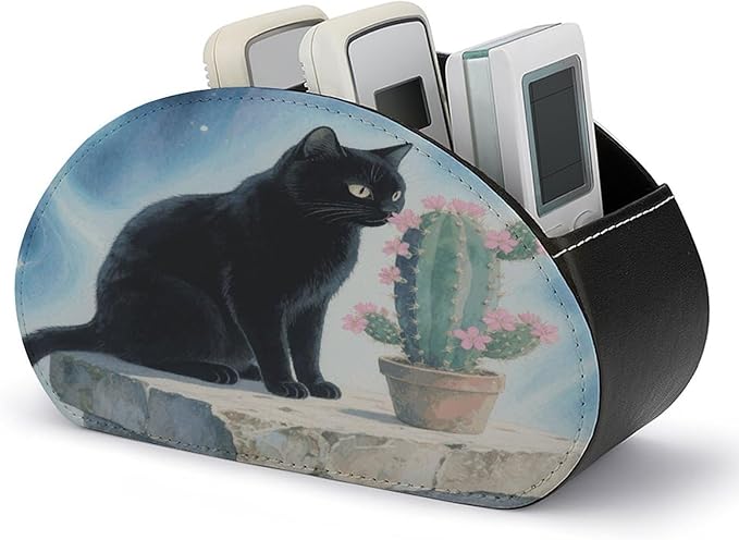 Black Cat Cactus Remote Control Holder Organizer Box with 5 Compartment PU Leather Bedside Storage Caddy Remote Organizer for Controller Media Player Pen/Pencil Storage