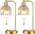 Glass Table Lamp Set of 2,Small Gold Bedside Lamps Dimmable Boho Bedroom Lamp with Tulip Flower Amber Lamp Shade,Vintage Mid Century Modern Mini Nightstand Lamp for Bedroom Living Room